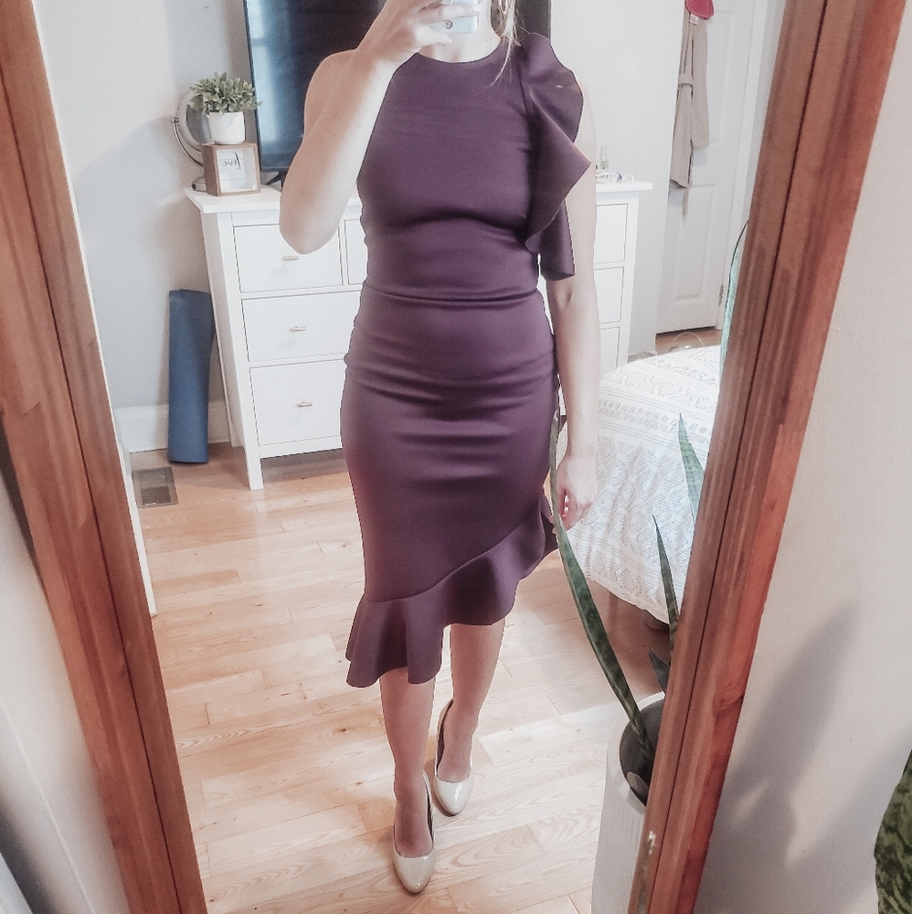 Ruffles shoulder high low midi dress